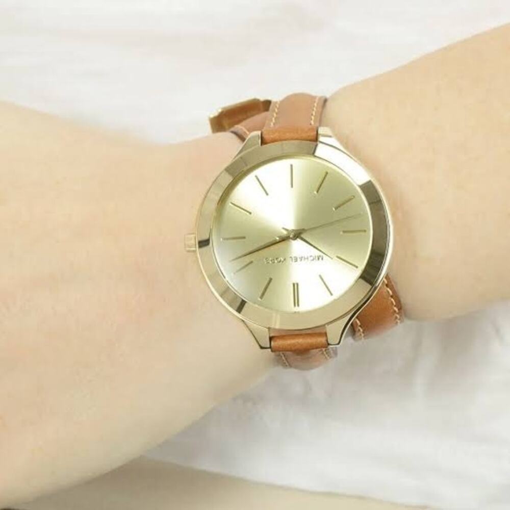 Michael Kors Women's Slim Runway Gold Dial Leather Band Double-Wrap Watch F15-15